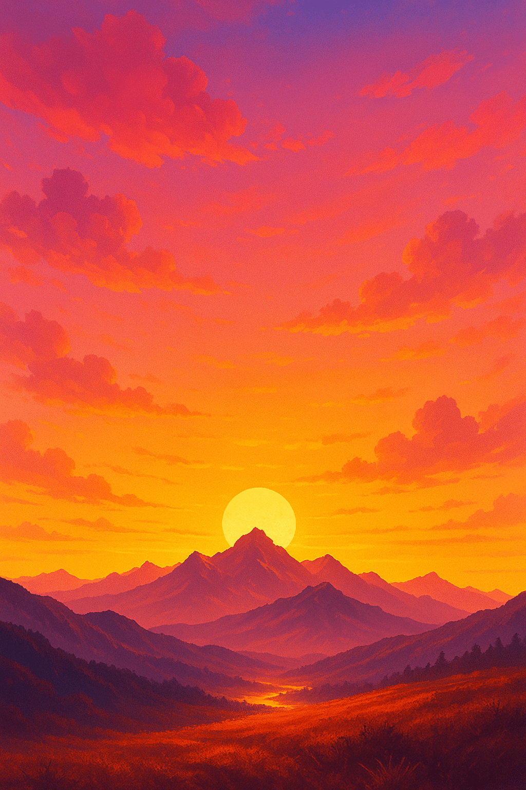 Vibrant sunset landscape with mountains