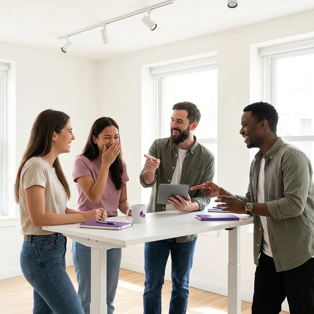 A diverse group of creative professionals having an animated conversation in a modern workspace