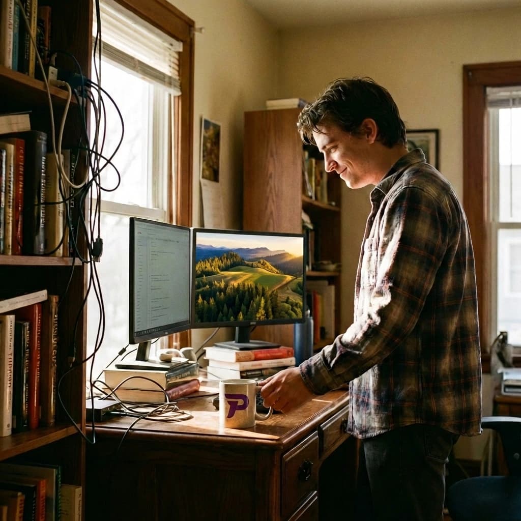 Person checking their phone with a quiet smile of satisfaction