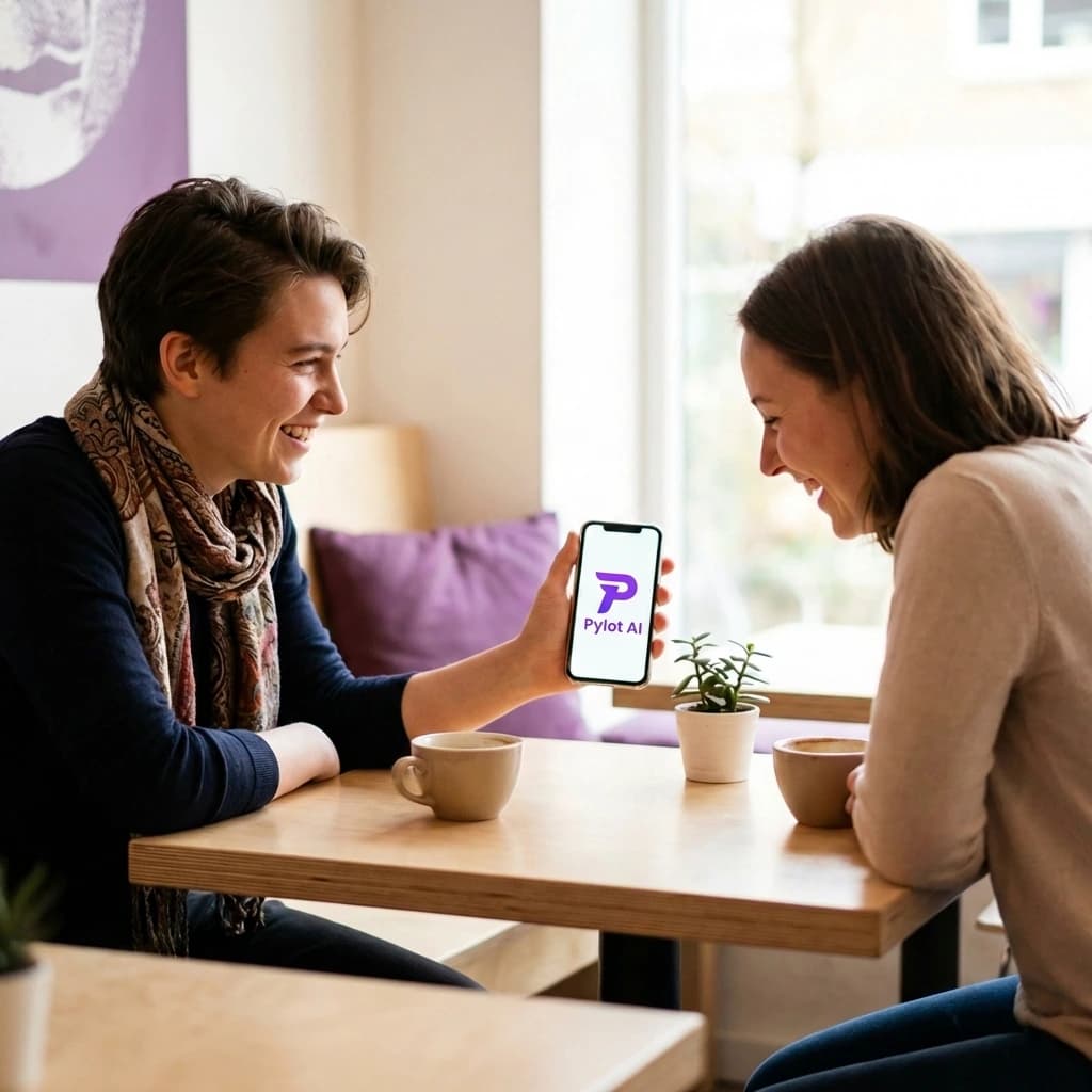 Two people at a cafe, one showing their phone screen to the other while smiling