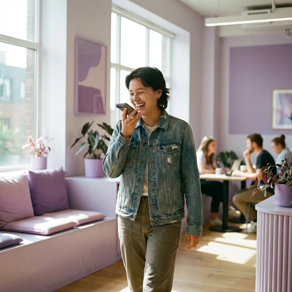 Person sharing a referral link from a bright co-working space