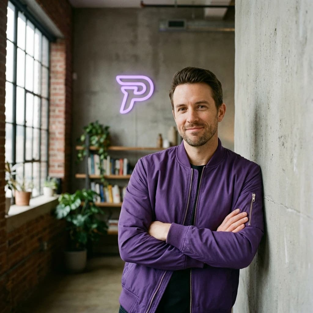A confident freelancer leaning against a wall in a modern loft space